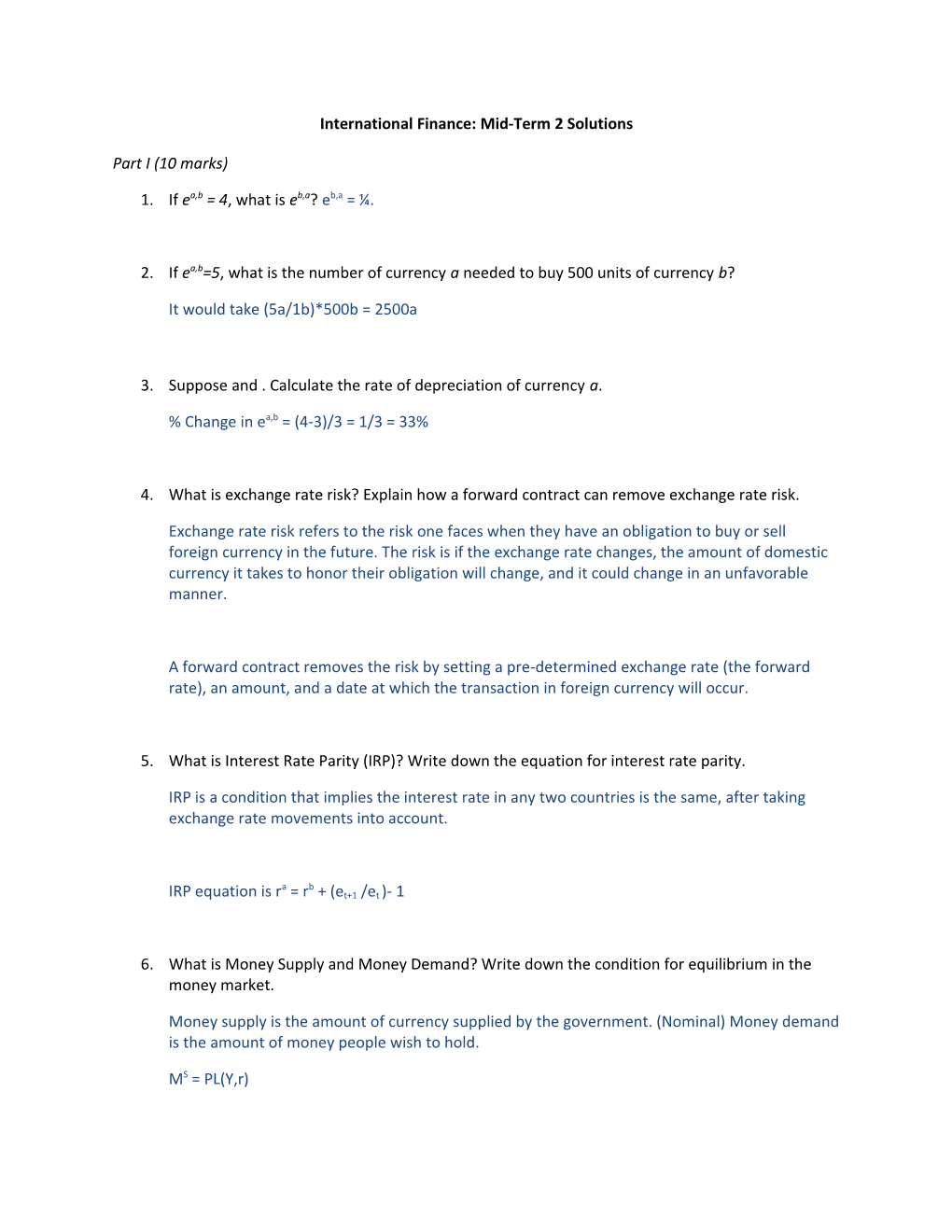 International Finance: Mid-Term 2 Solutions