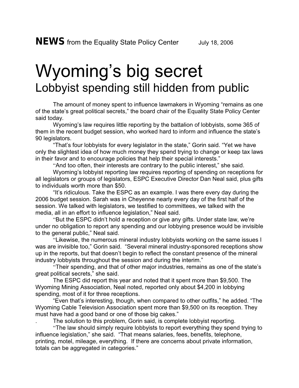 The Equality State Policy Center (ESPC) Today Released Its Analysis of Wyoming S 2002-2003