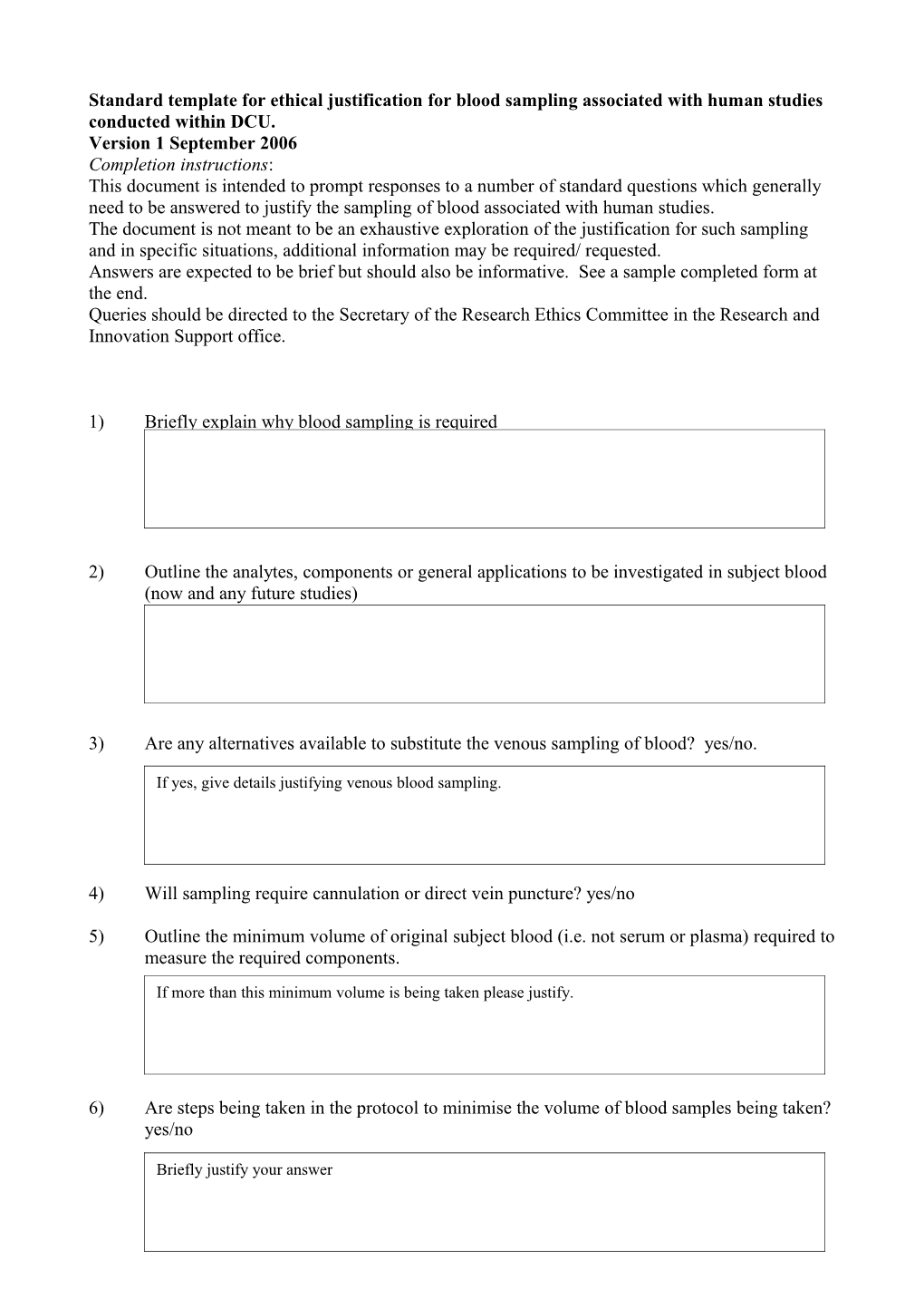 Draft Template of Ethical Justification for Blood Sampling Associated with Studies Conducted