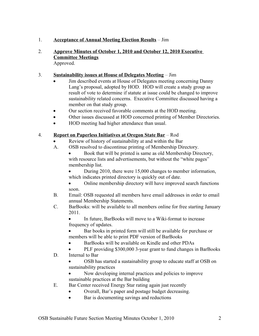 Minutes of Executive Committee Meeting of December 3, 2009