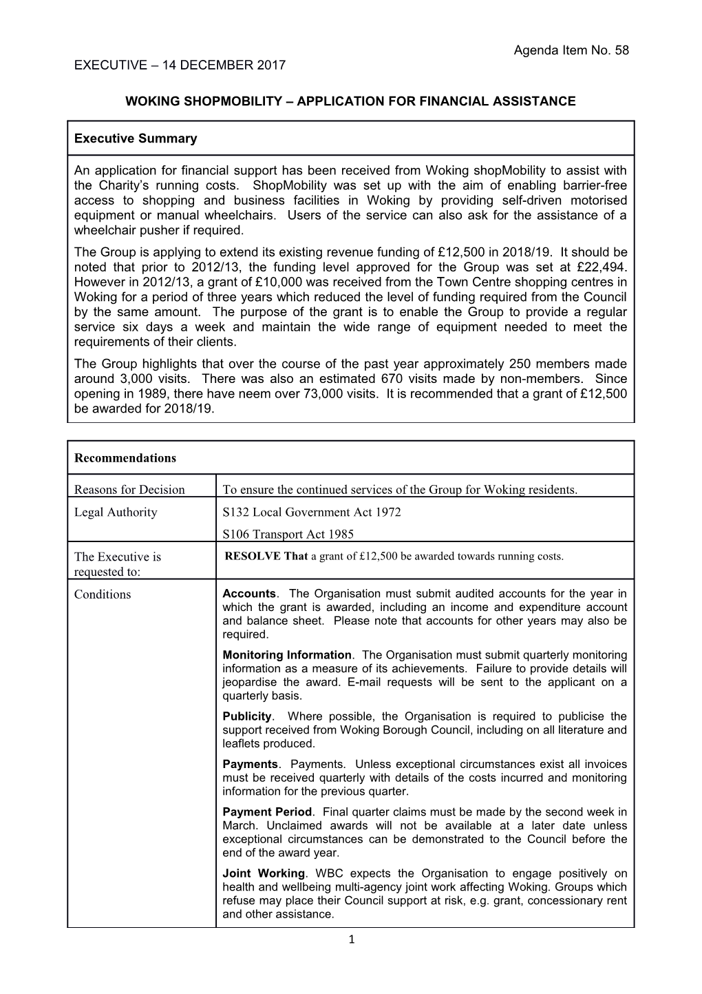 Item 58 Woking Shopmobility Application for Financial Assistance Executive 14 December 2017