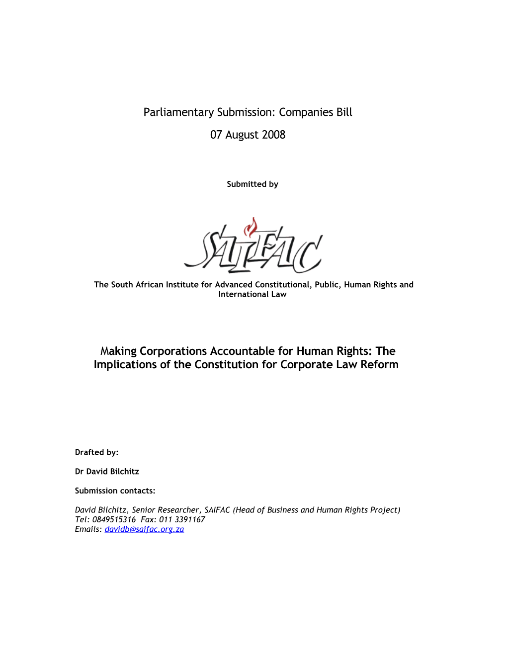 Parliamentary Submission: Companies Bill