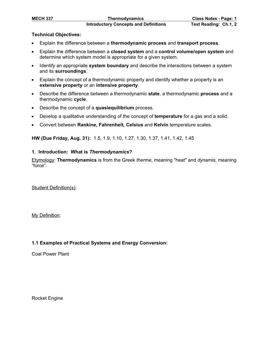 MECH 337 Thermodynamics Class Notes - Page: 1 s2