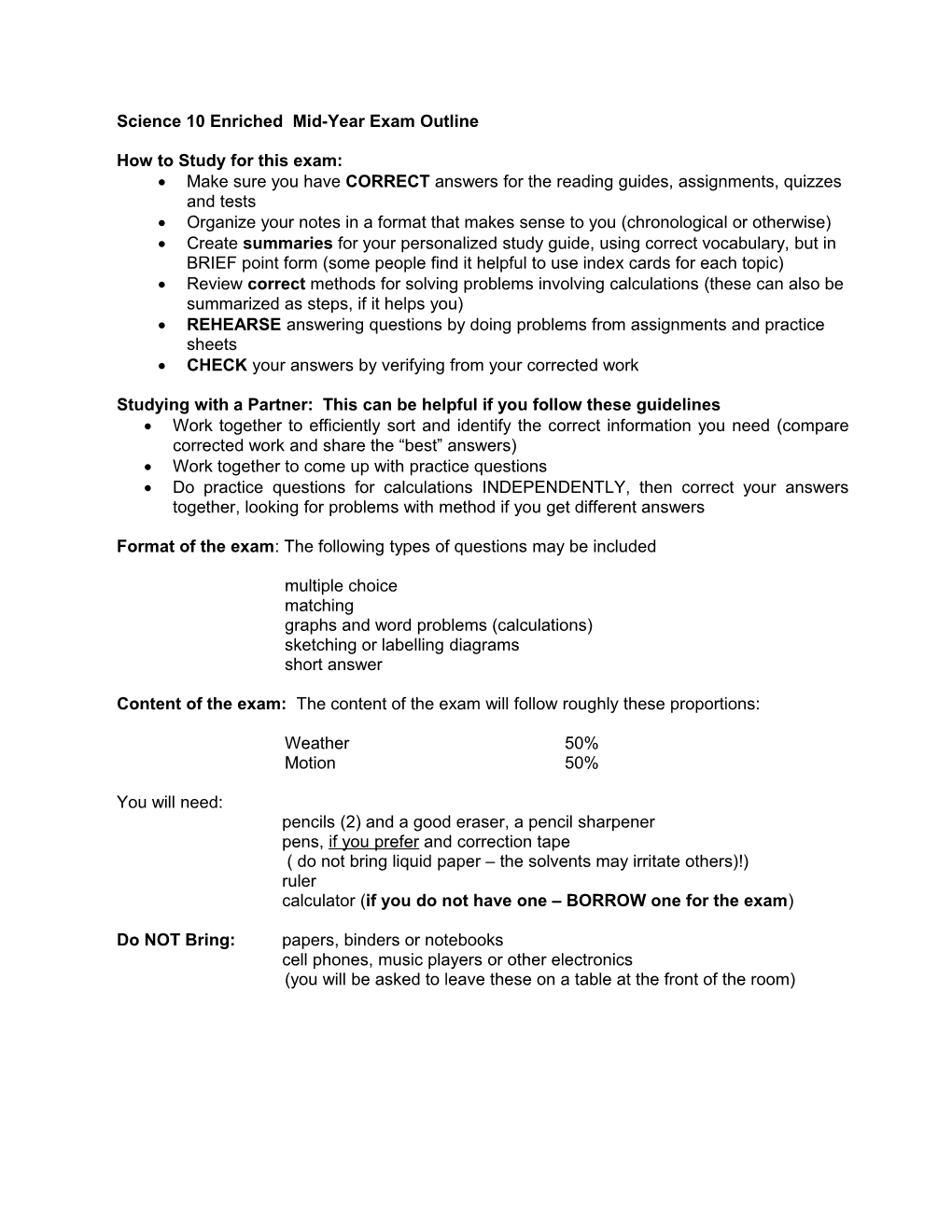 Science 10 Enriched Mid-Year Exam Outline