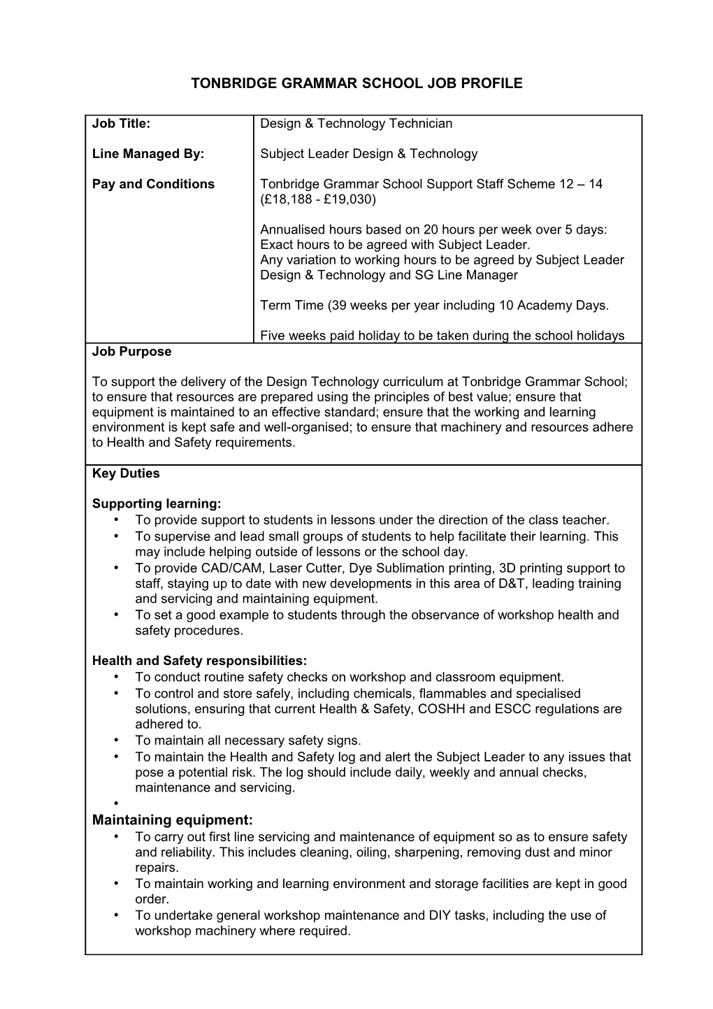 Tonbridge Grammar School Job Profile