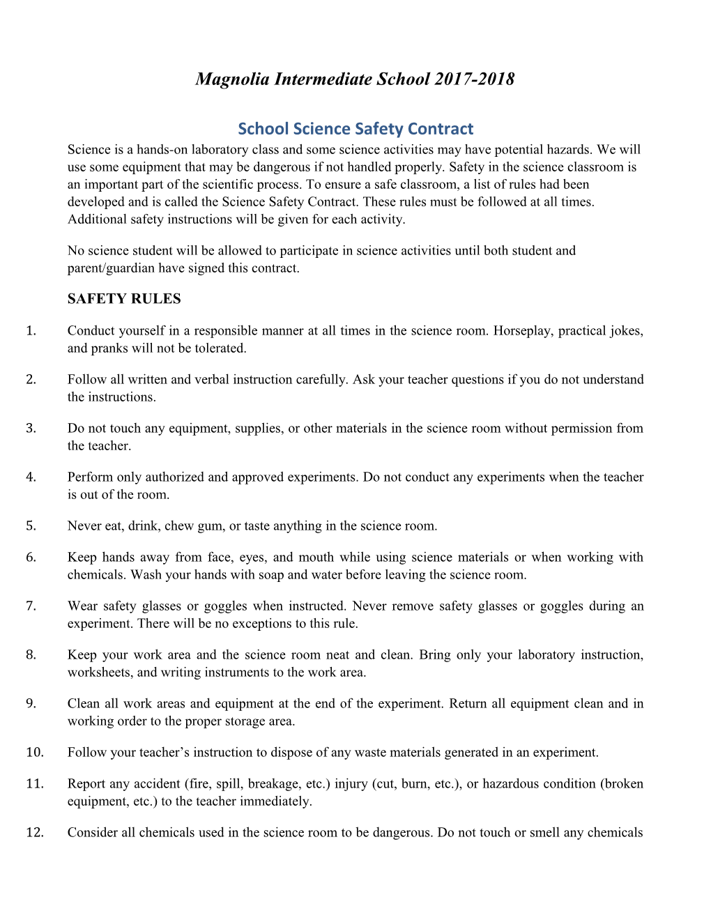 School Science Safety Contract