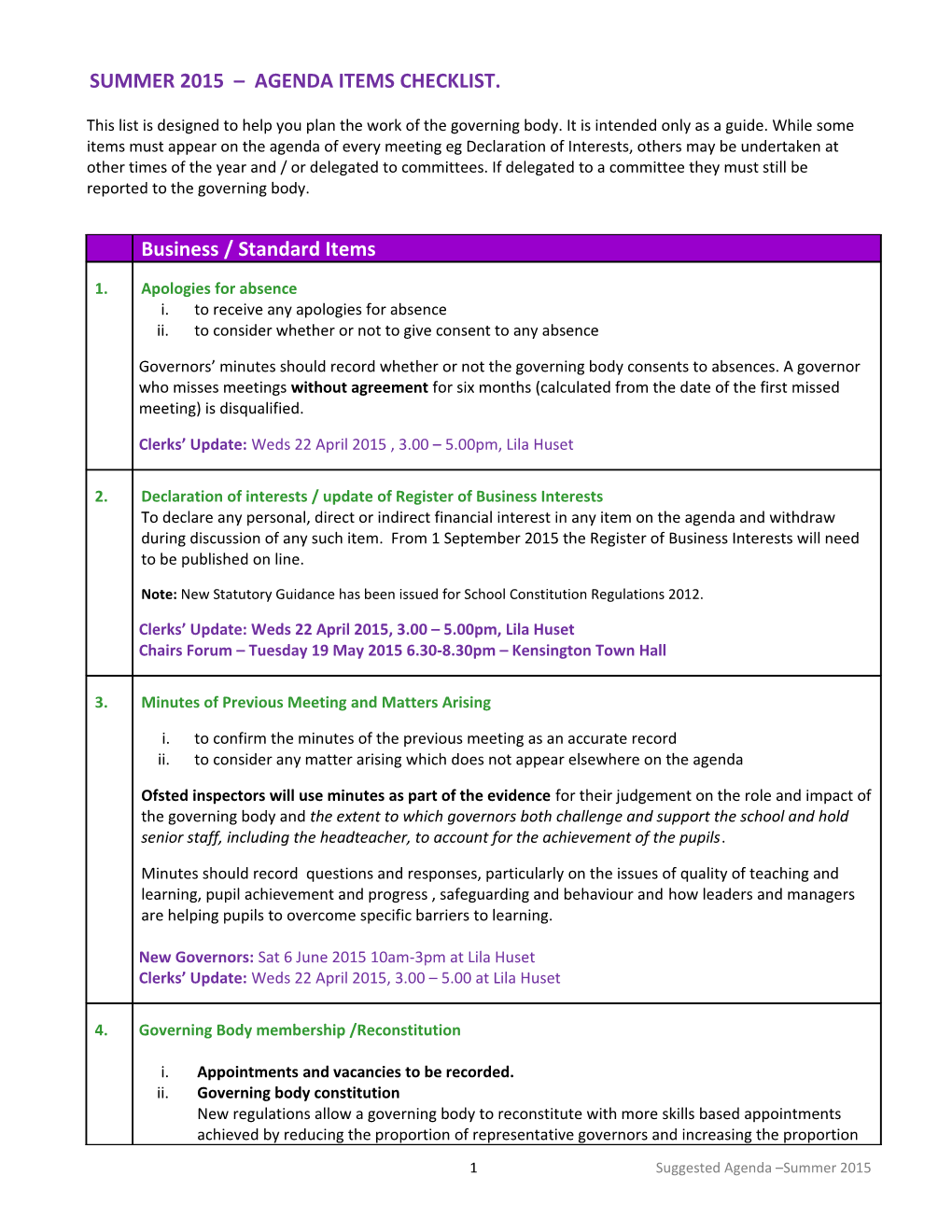 Summer 2015 Agenda Items Checklist
