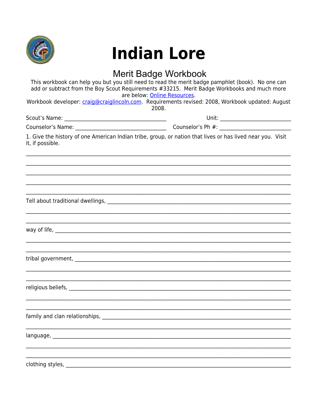 Indian Lore P. 2 Merit Badge Workbook Scout's Name: ______