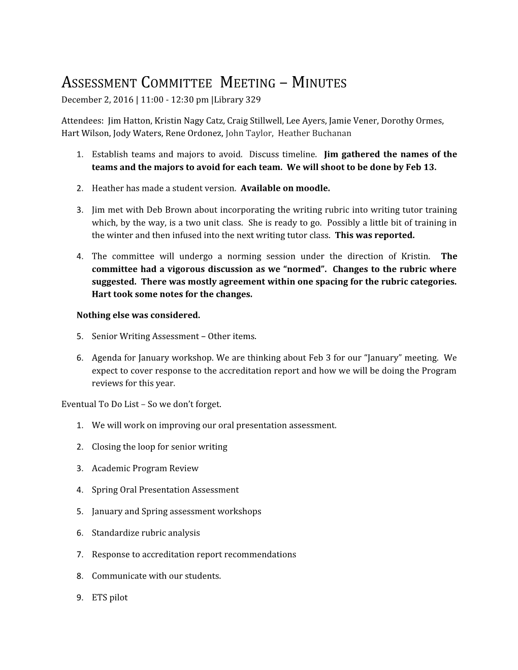 Assessment Committee Meeting Minutes