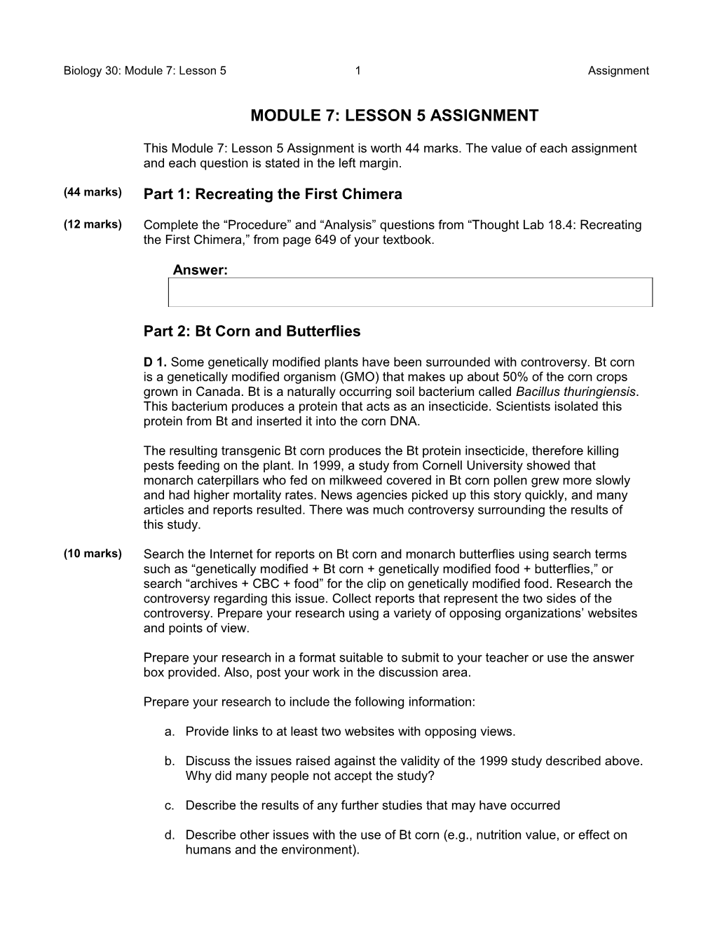 Biology 30: Module 7: Lesson 5 3 Assignment