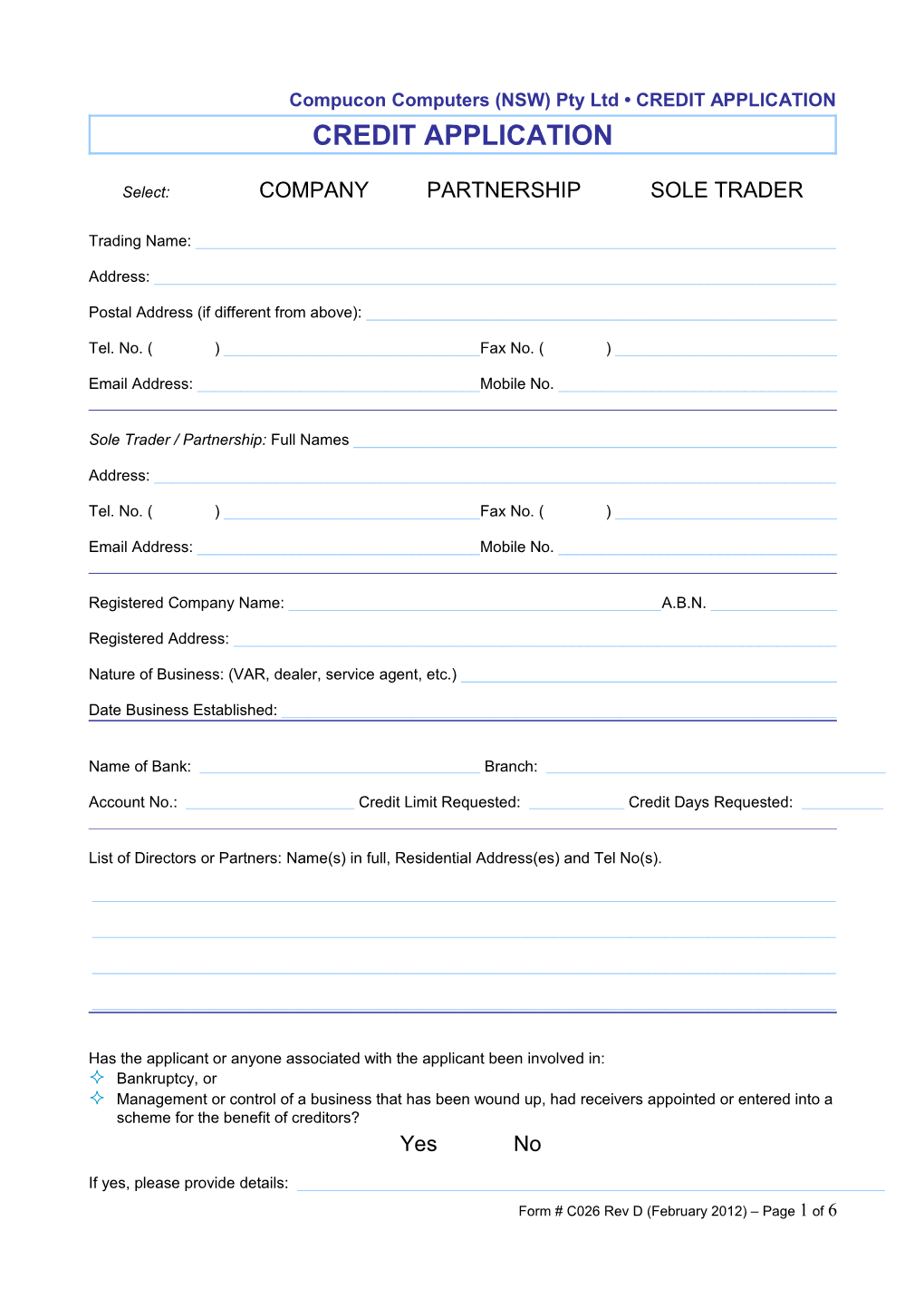 Compucon Computers (NSW) Pty Ltd CREDIT APPLICATION