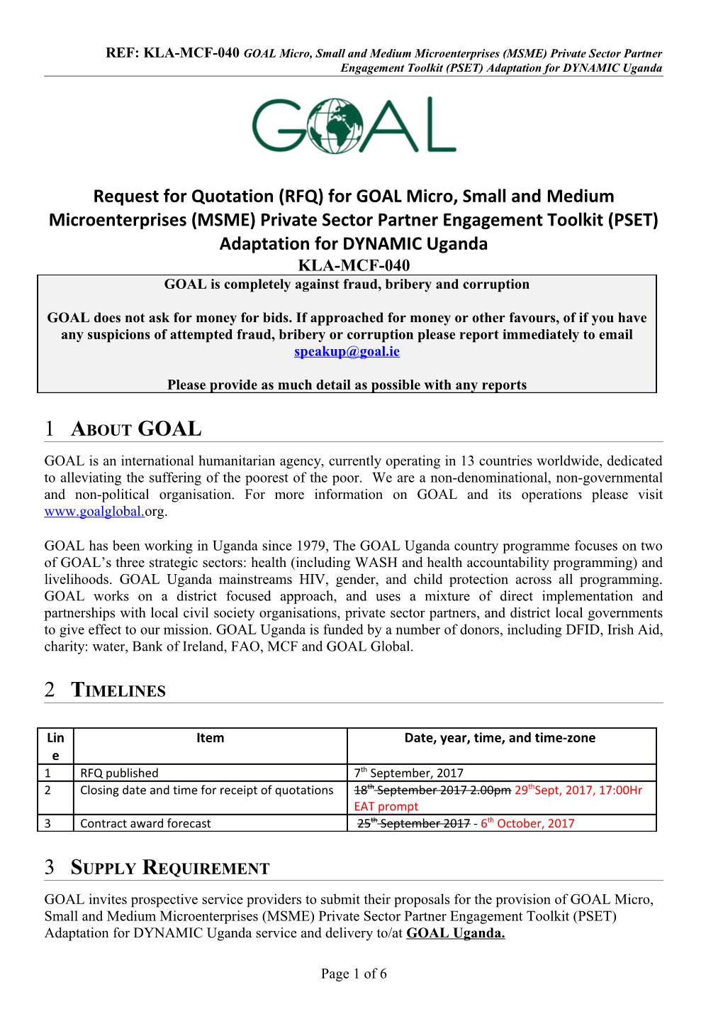 REF: KLA-MCF-040 GOAL Micro, Small and Medium Microenterprises (MSME) Private Sector Partner