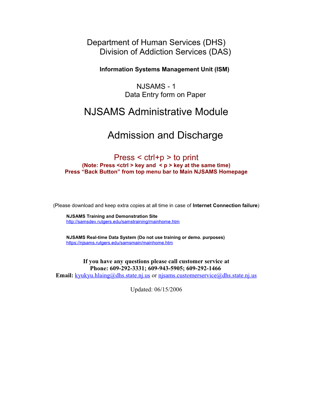 NJSAMS - 1Data Entry Form on Paper