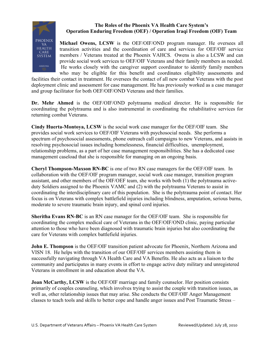 The Roles of the Phoenix VA Health Care System S Operation Enduring Freedom (OEF) and Operation