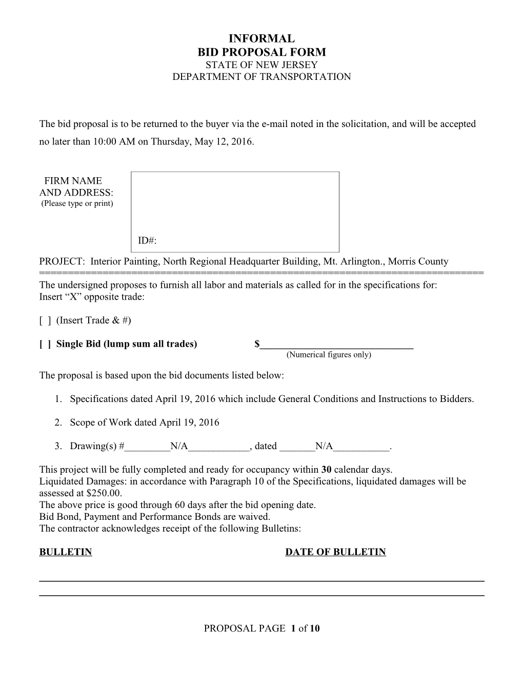 Bid Proposal Form