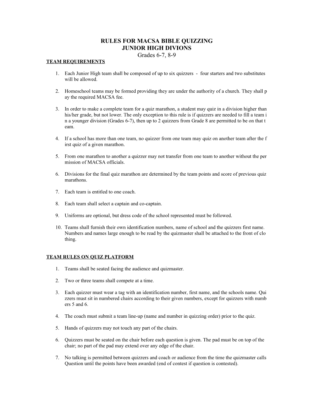 Rules for Macsa Bible Quizzing