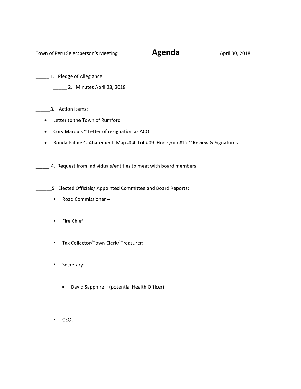 Town of Peru Selectperson S Meeting Agenda April 30, 2018