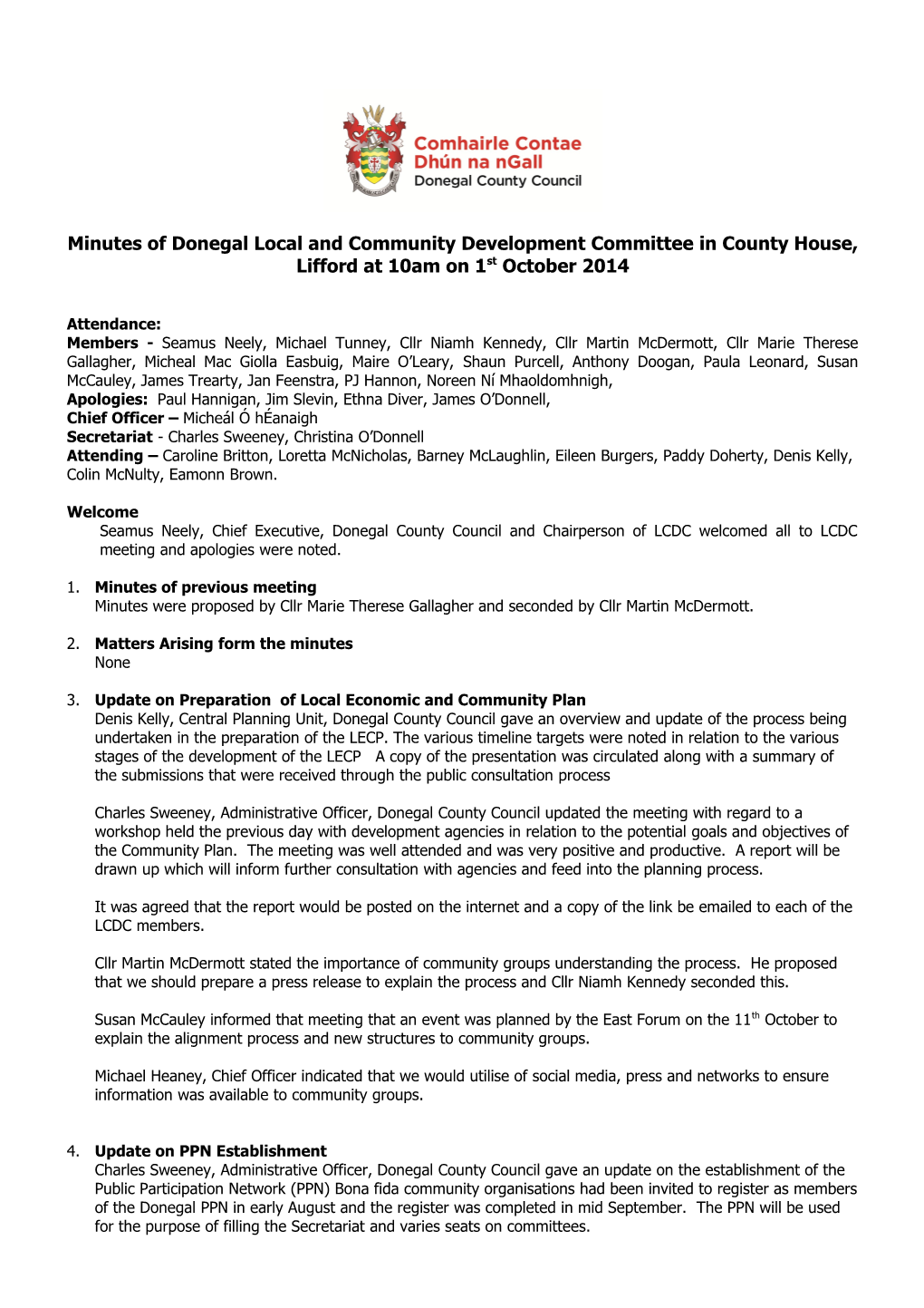 Minutes of Donegal Local and Community Development Committee in County House, Lifford