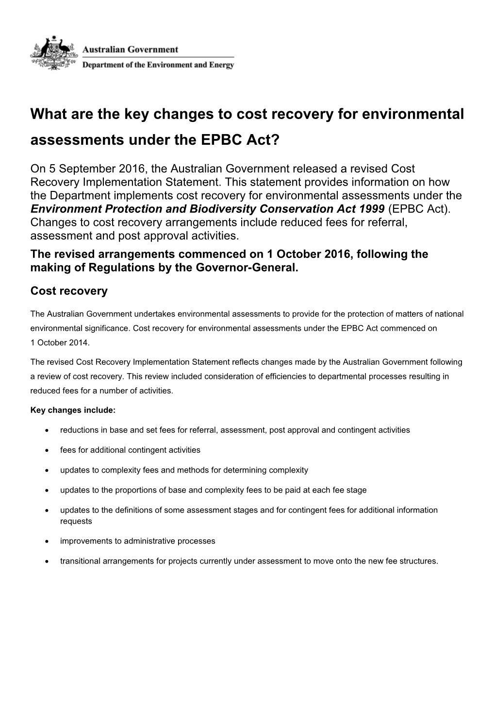 What Are the Key Changes to Cost Recovery for Environmental Assessments Under the EPBC Act?