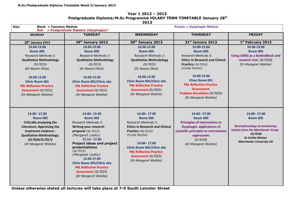 M.Sc/Postgraduate Diploma Timetable Week 5/January 2013