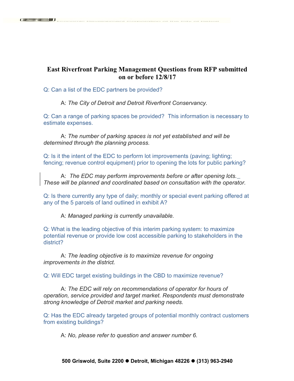 East Riverfront Parking Management Questions from RFP Submitted on Or Before 12/8/17