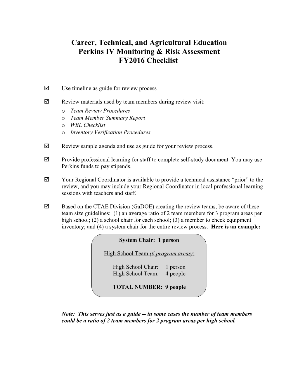 Career, Technical, and Agricultural Education Program Review Checklist