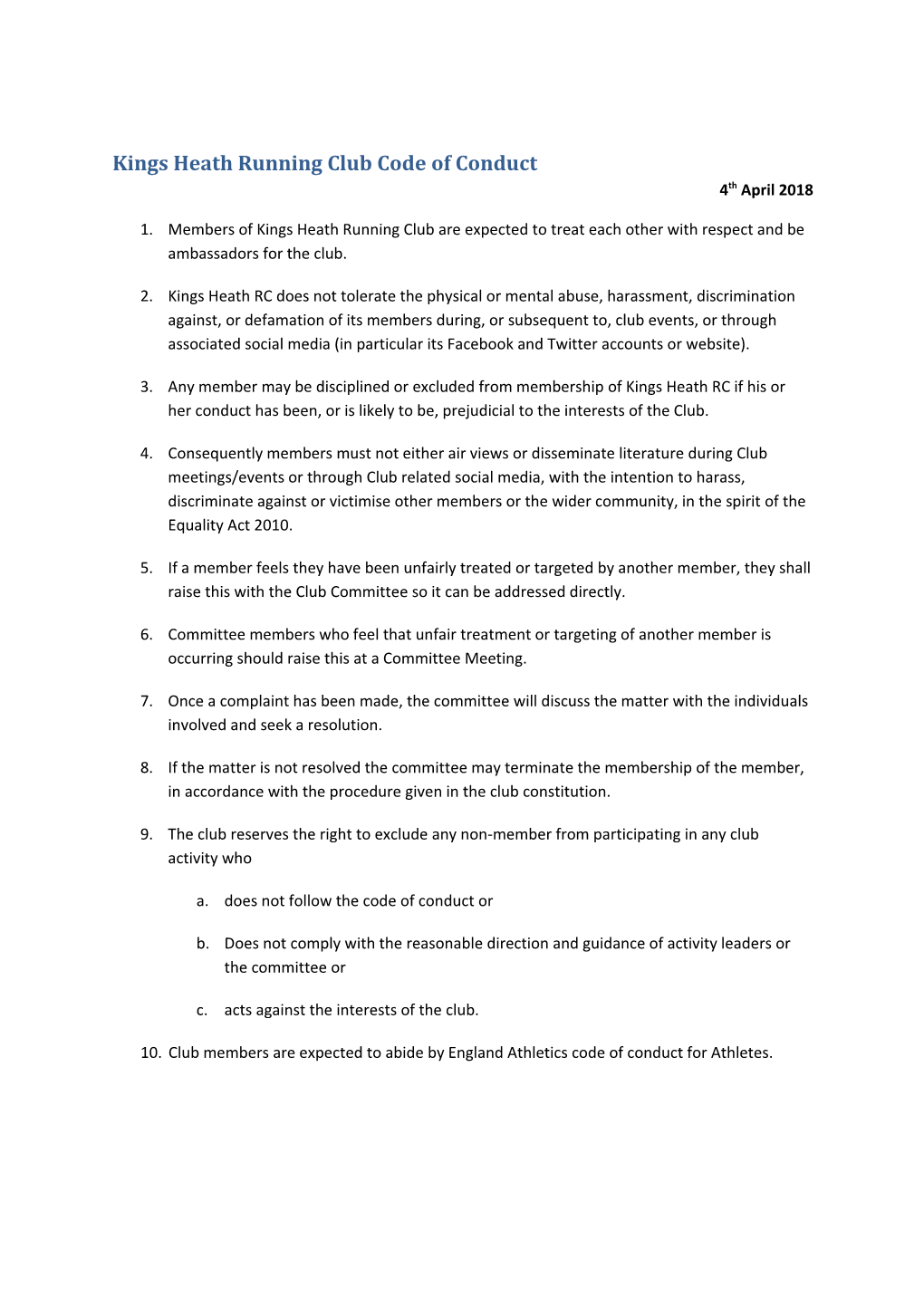 Kings Heath Running Club Code of Conduct