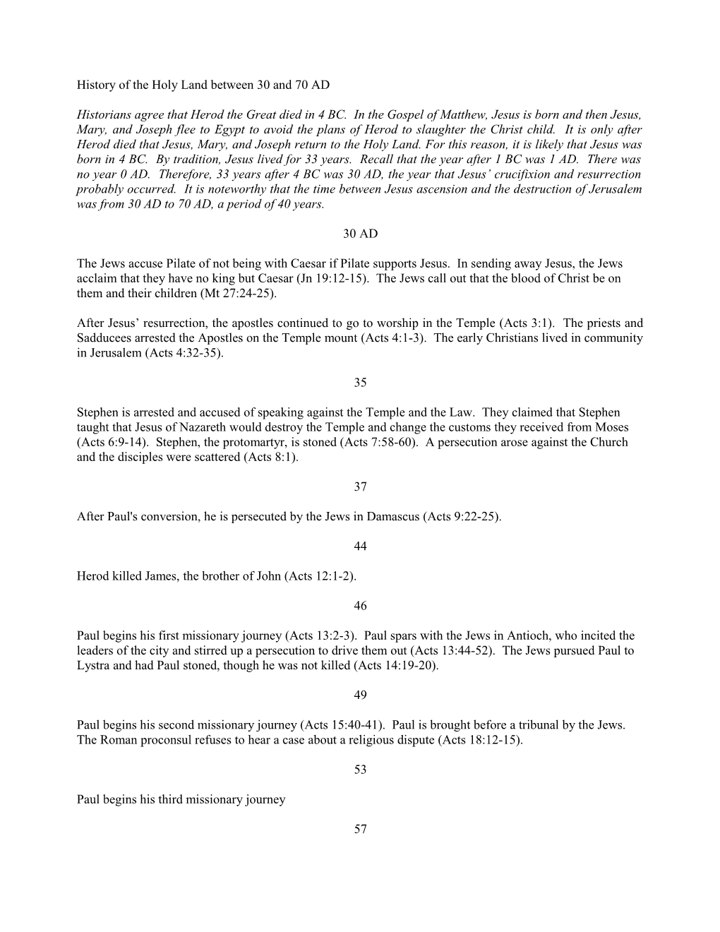 History of the Holy Land Between 30 and 70 AD