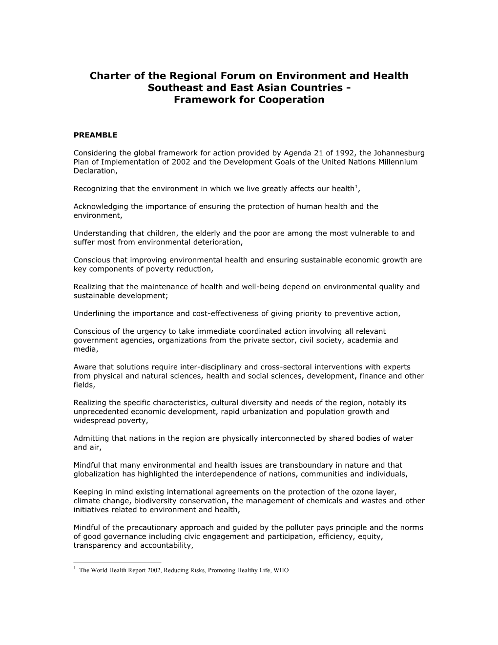 Charter of the Regional Forum on Environment and Health
