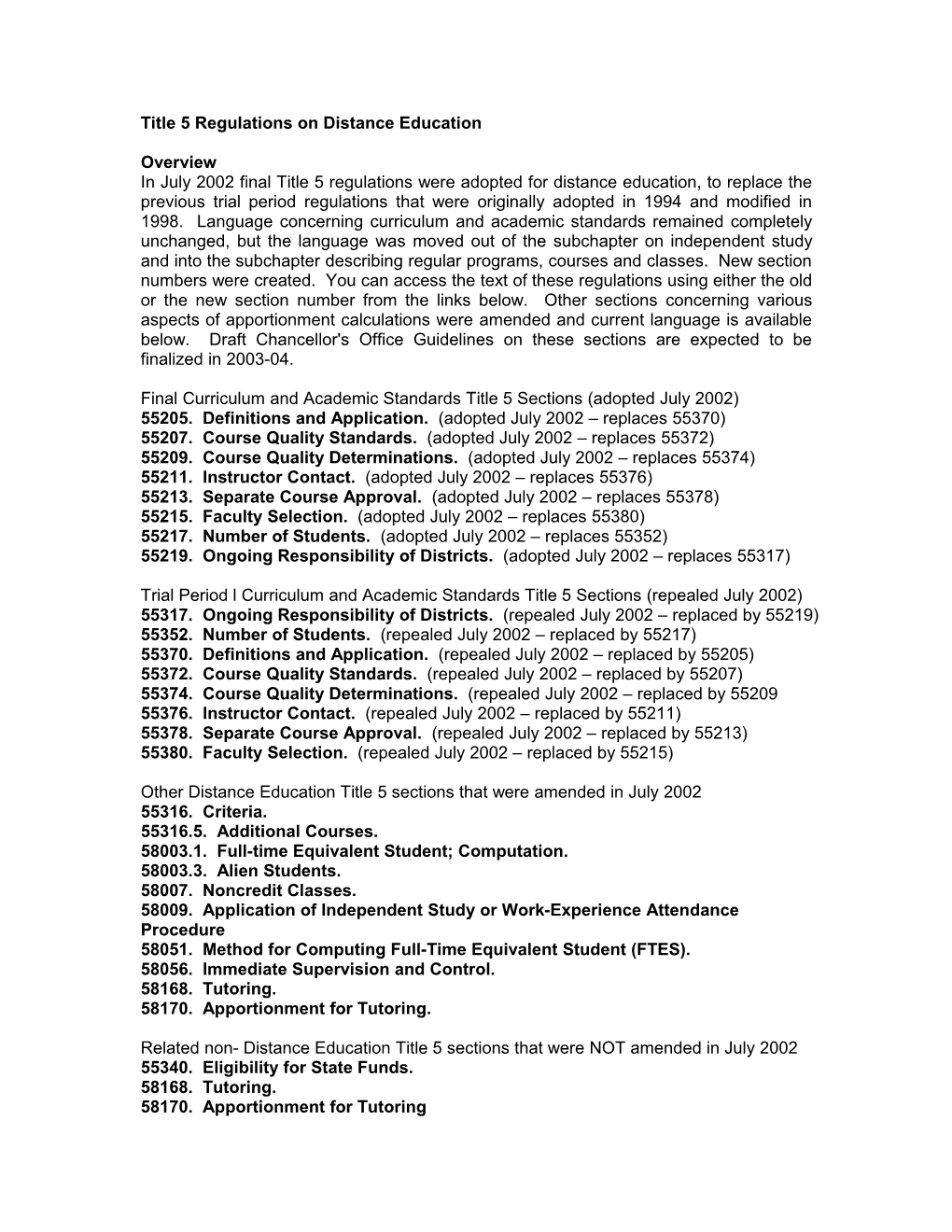 Title 5 Regulations on Distance Education