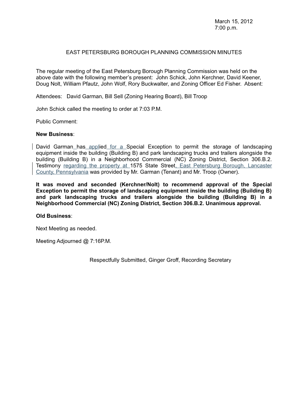 East Petersburg Borough Planning Commission Minutes
