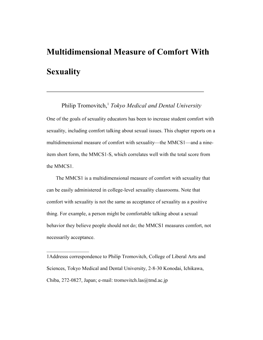 Multidimensional Measure of Comfort with Sexuality