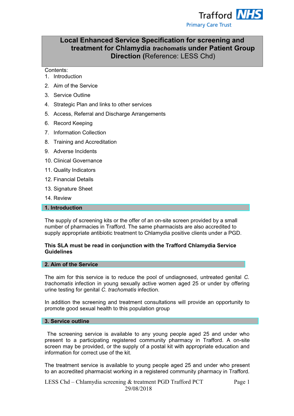 Local Enhanced Service Specification for Screening and Treatment for Chlamydia Trachomatis