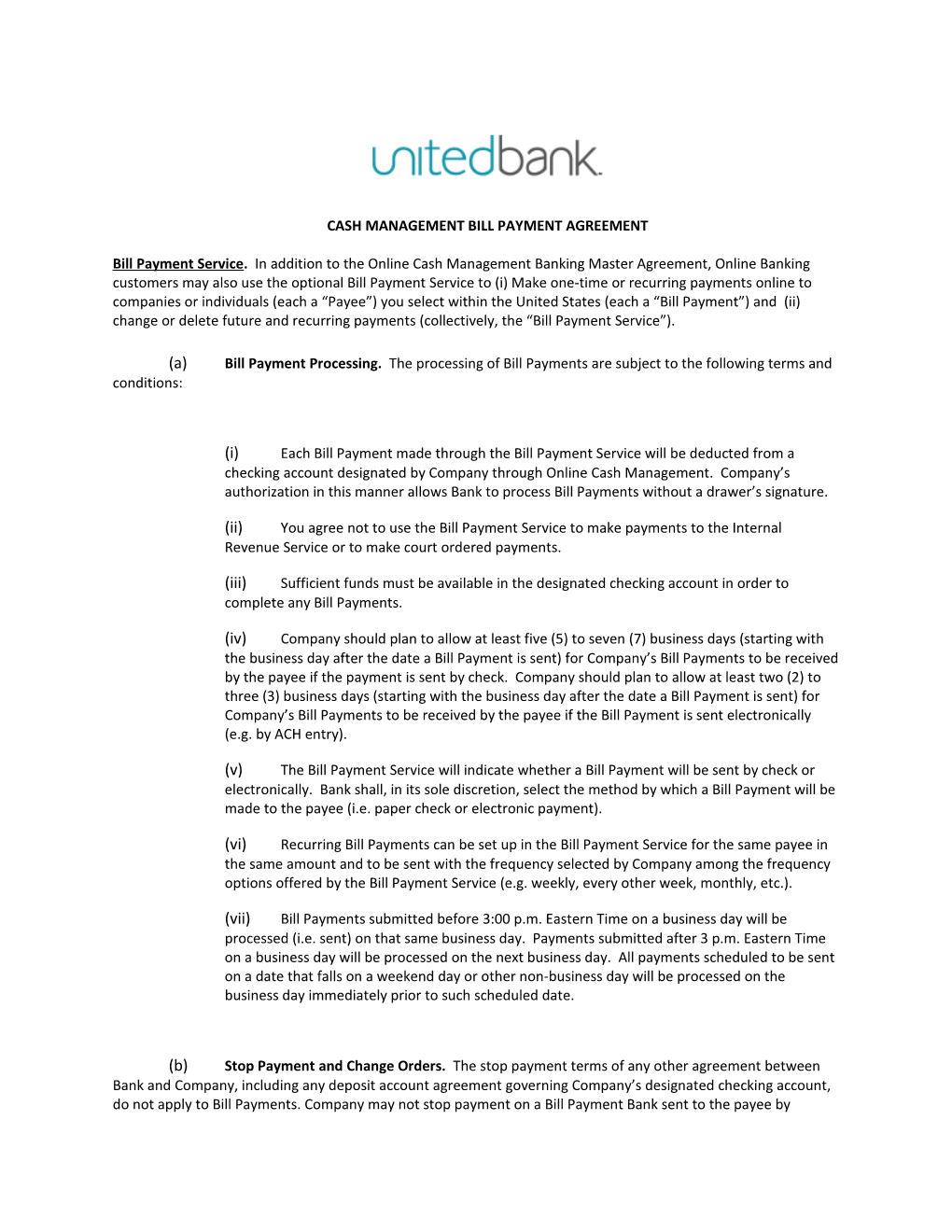 Cash Management Bill Payment Agreement