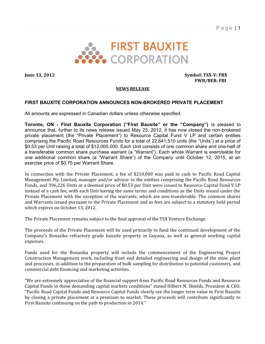 First Bauxite Corporation Announces Non-Brokered Private Placement