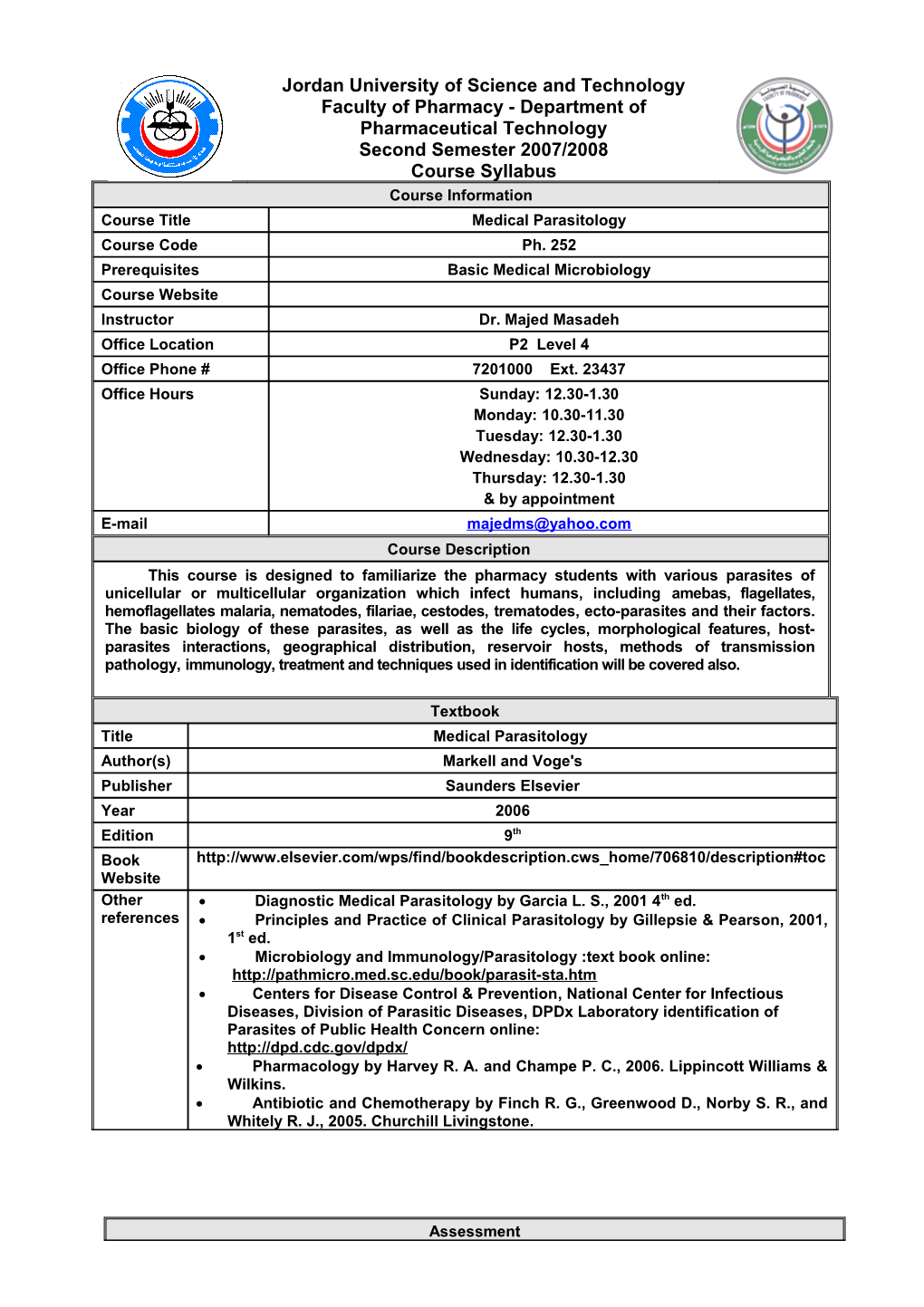 Syllabus Medical Parasitology P 252 NEW FORM 10 02 2008 Snd Semester 2008