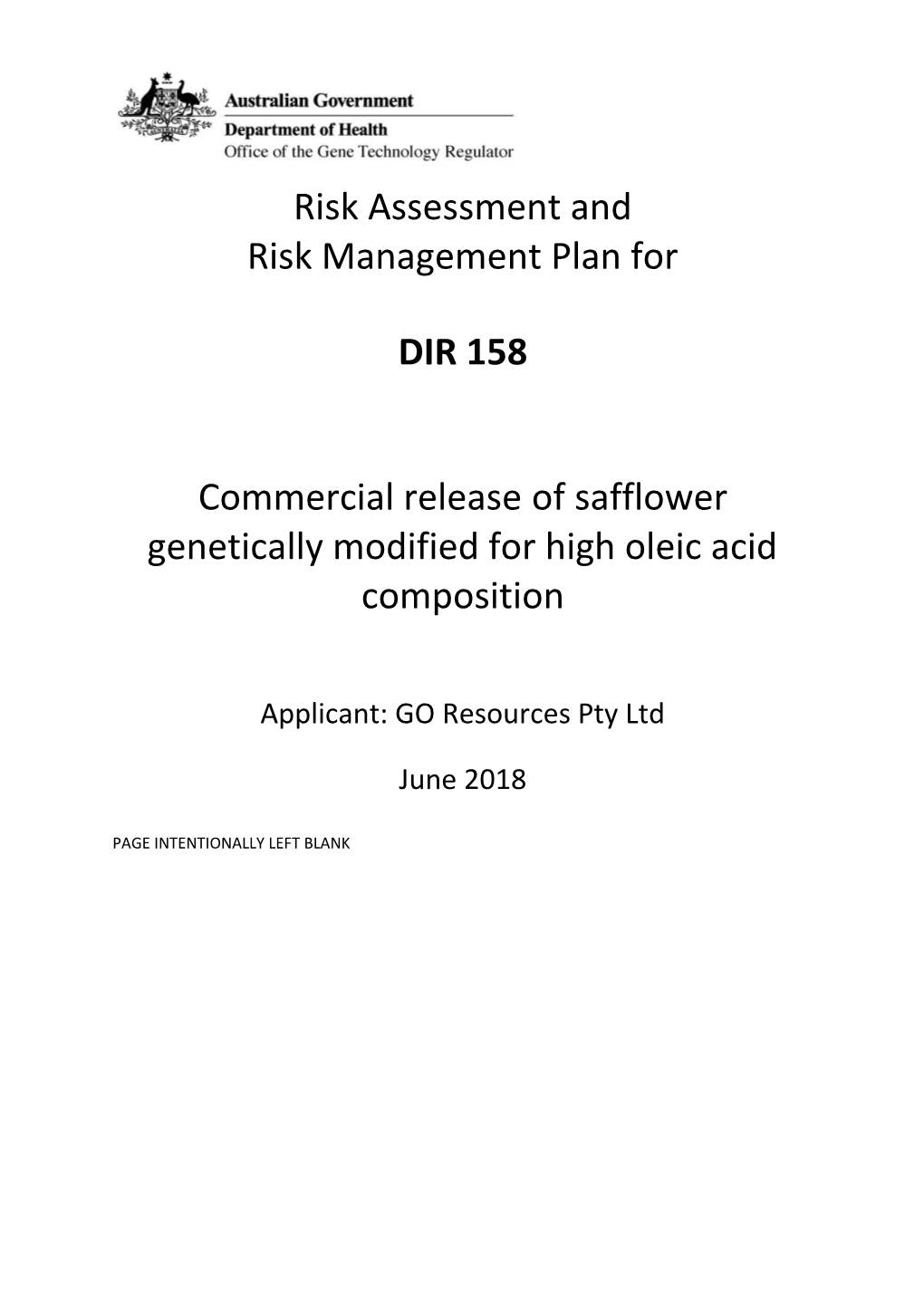 DIR 158 - Full Risk Assessment and Risk Management Plan