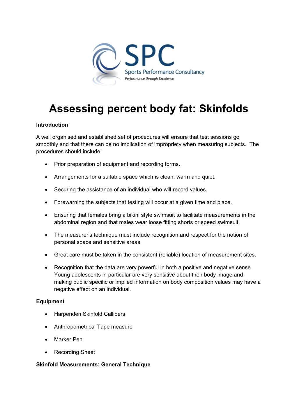 Assessing Percent Body Fat: Skinfolds