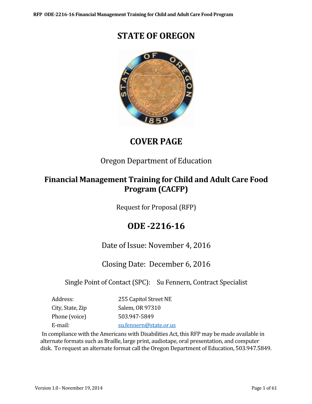 RFP ODE-2216-16 Financial Management Training for Child and Adult Care Food Program