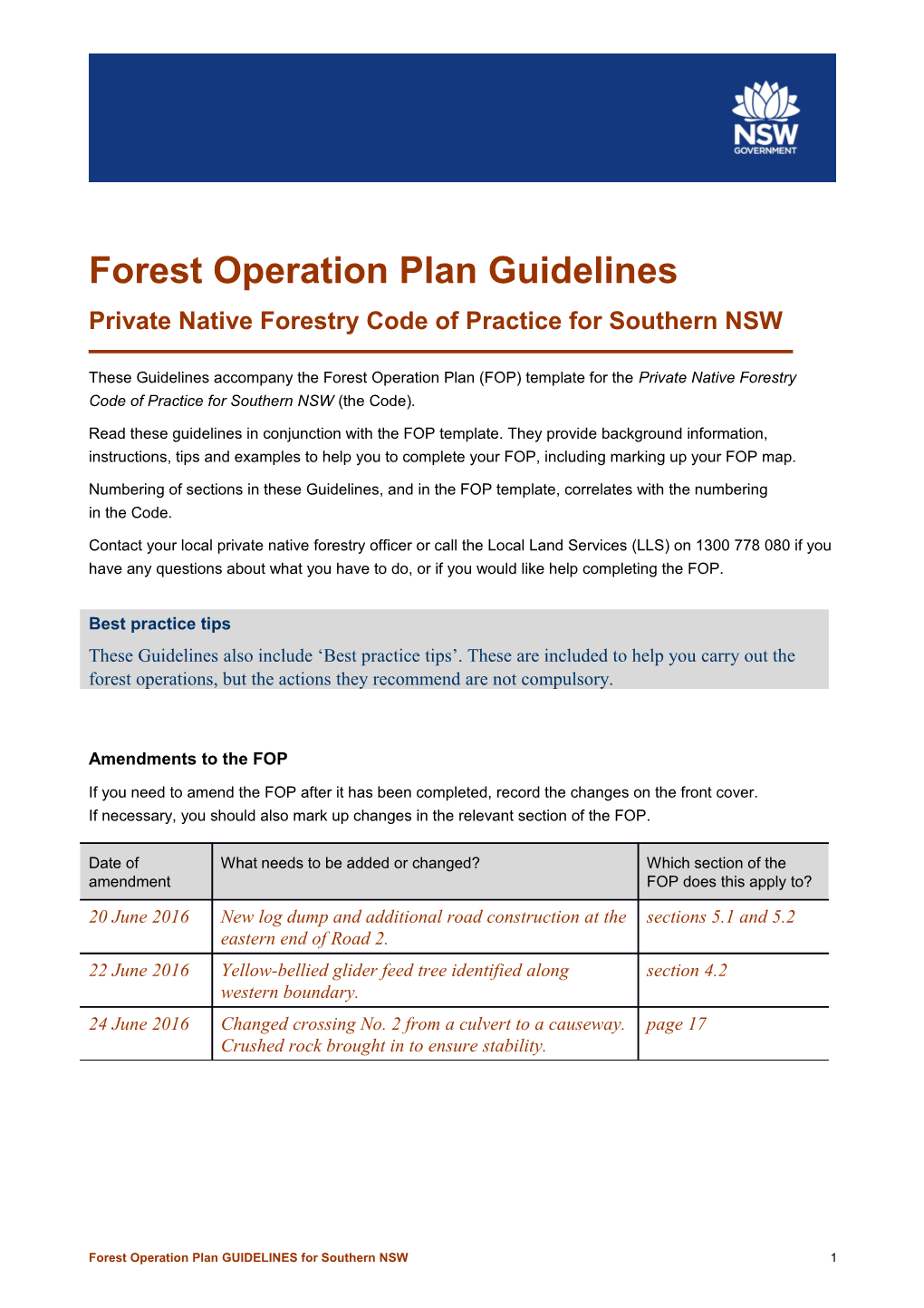 Forest Operation Plan Guidelines for Southern NSW