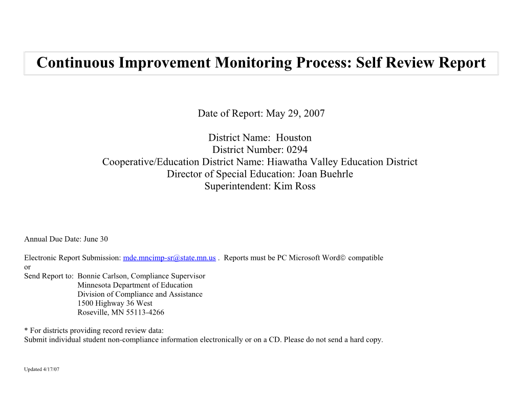 Continuous Improvement Monitoring Process: Self Review Report