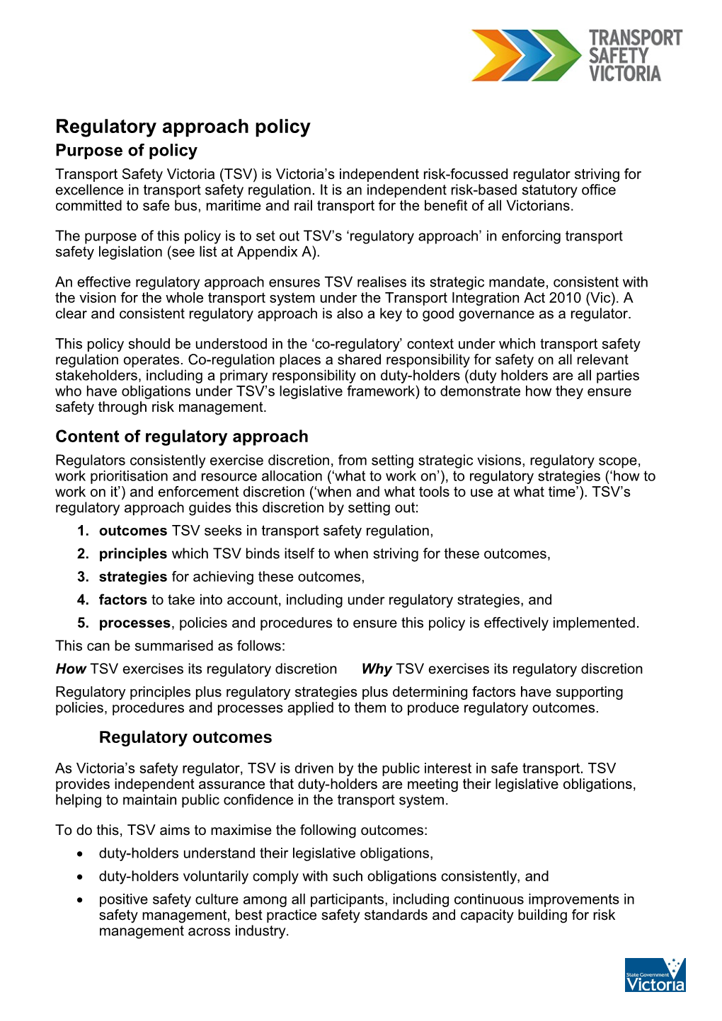 TSV Regulatory Approach Policy