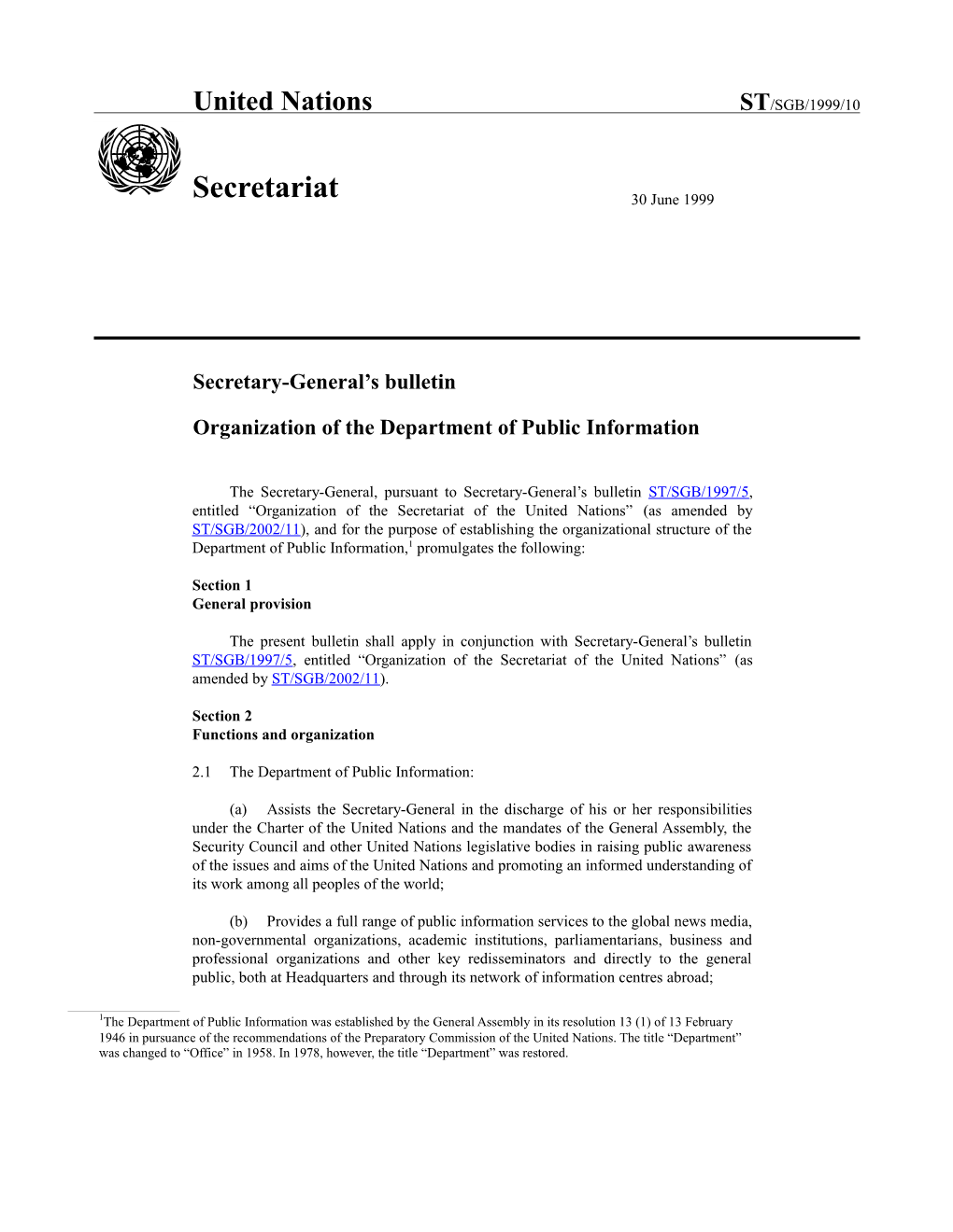 Organization of the Department of Public Information