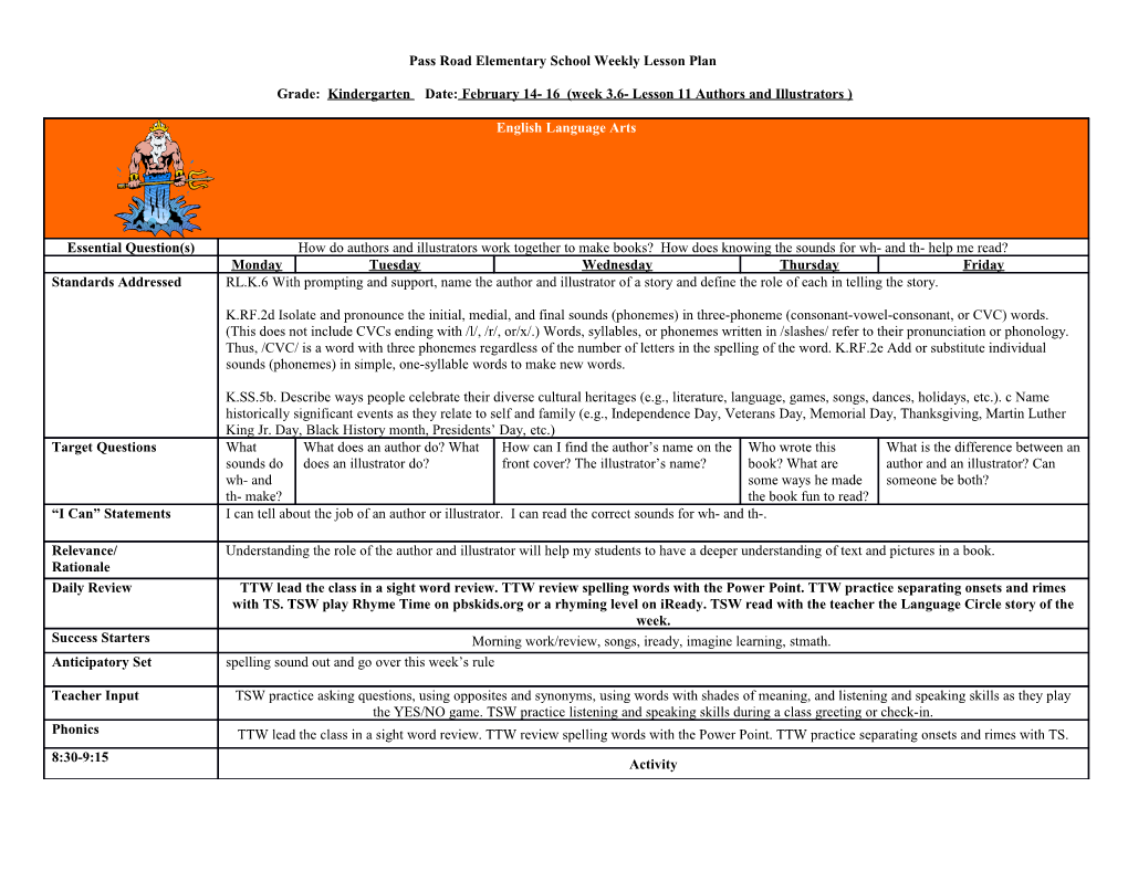 Pass Road Elementary School Weekly Lesson Plan