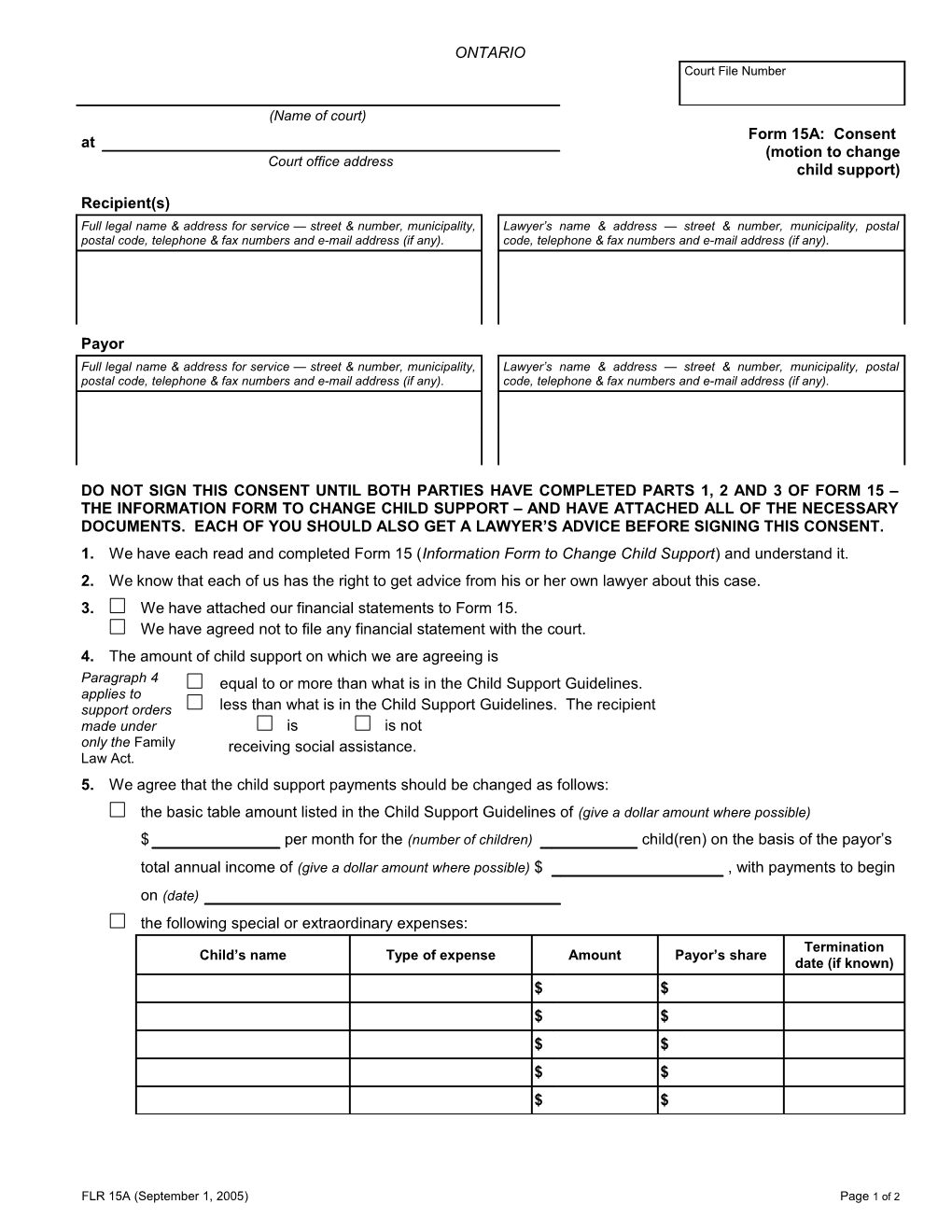 Form 15A Consent (Motion to Change Child Support)