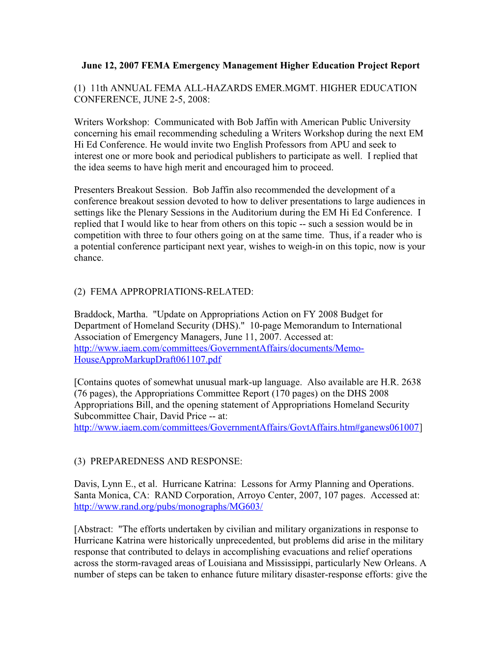 June 12, 2007 FEMA Emergency Management Higher Education Project Report