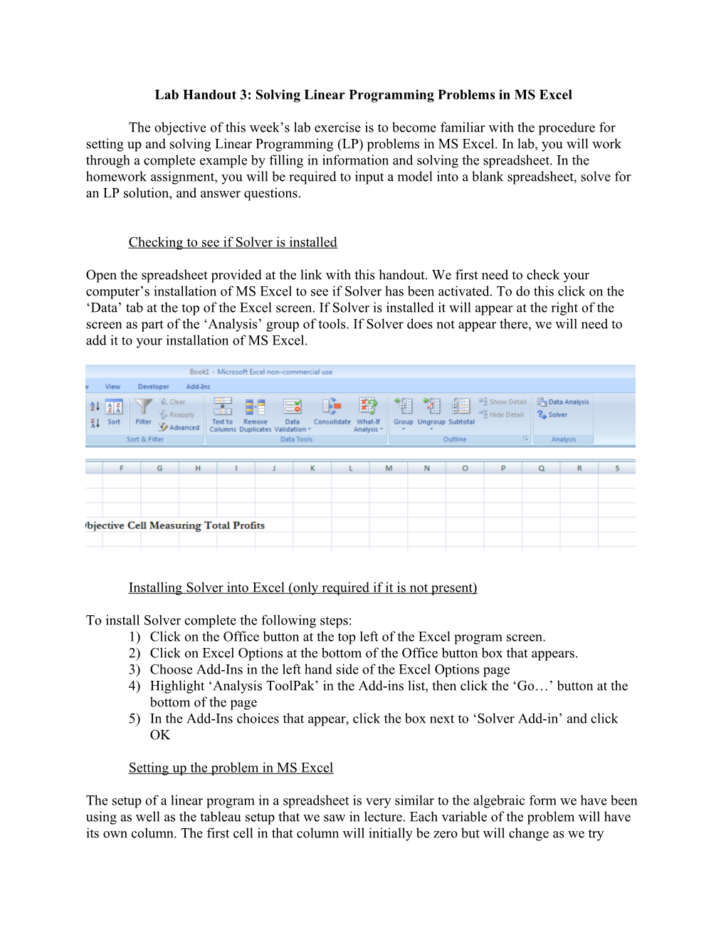 Lab Handout 3: Solving Linear Programming Problems in MS Excel