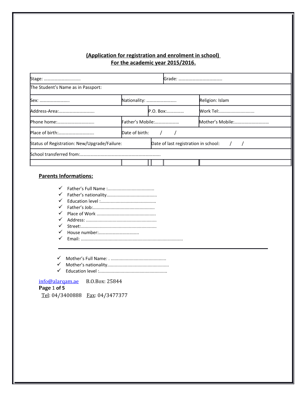 Application for Registration and Enrolment in School