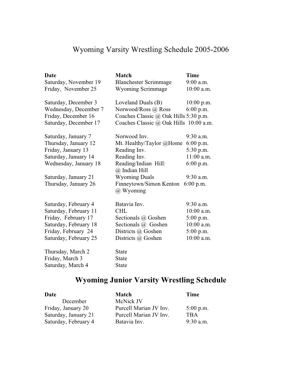 Wyoming Varsity Wrestling Schedule