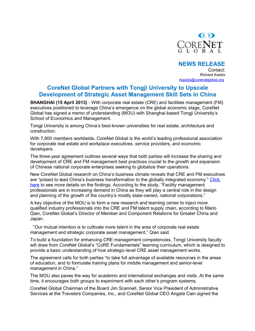 Corenet Global Partners with Tongji University to Upscale Development of Strategic Asset